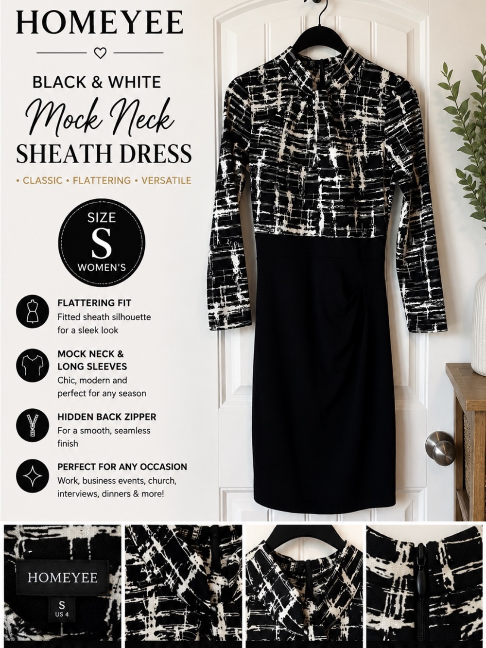 HOMEYEE Black & White Long Sleeve Mock Neck Sheath Dress